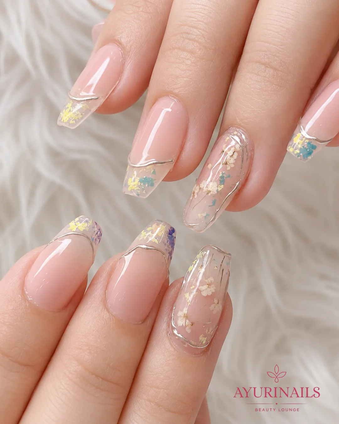nude French coffin nails with silver wire-lined encapsulated dried florals, AyuriNails Beauty Lounge Makati